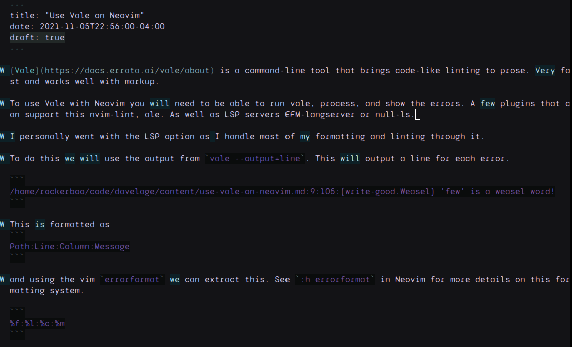 Showing warnings from Vale inside Neovim using EFM-langserver